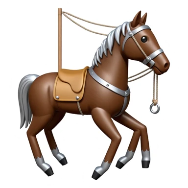 3D render of Horse Puppet as a wooden marionette puppet, Wooden toy horse on strings, silver metal screw joints at elbows and knees, polished brown wood texture, rigid toy pose, emoji style, isolated on white background --v 6.0. sticker
