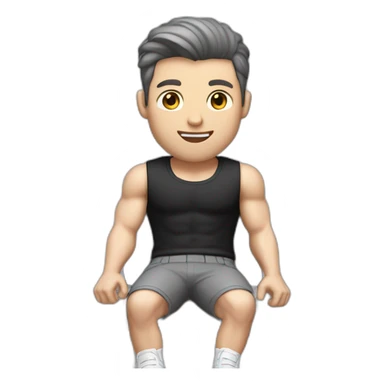 Pale skinned Fit Man With the biceps and dark brown hair in black shirt, gray sports shorts and white Sneakers Sitting on a chair sticker