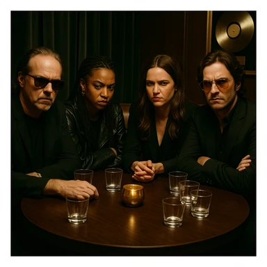 Grupo de personas que trabajan en la industria musical con aires de superioridad, conversando en grupo en una mesa privada, viendo de forma despectiva a la cámara, cerrando el espacio a la persona que está llegando y haciéndole saber con sus miradas y expresiones que nadie más es bienvenido aquí. sticker