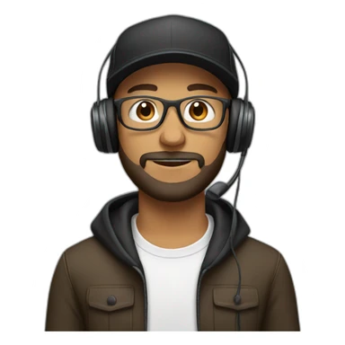 Male with headphones, clear glasses, black cap and brown beard sticker