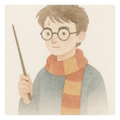 Harry Potter holding a wand and wearing a Gryffindor scarf in watercolor art style sticker