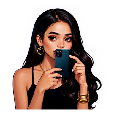 Beautiful young girl with dark choppy long hair flows as she holds her black phone with a gold septum ring that shines  sticker