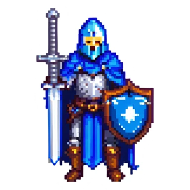 pixel art knight with blue cape, gray iron sword, blue iron shield sticker
