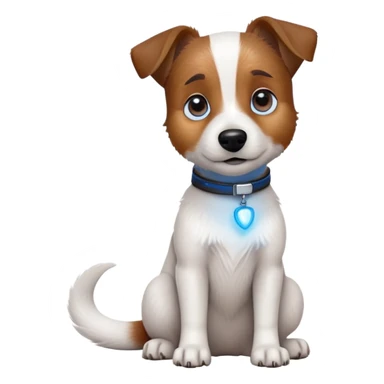 cinematic-[jack russel]-realistic-full-body-sitting-emoji,-tail-resting-loosely-beside-its-paws,blue eyes-head-tilted-dramatically, -scruffy-[brown and white]-fur,-simplified-yet-realistic-focused-features,-highly-detailed,-glowing-with-an-almost-sarcastic-glow sticker
