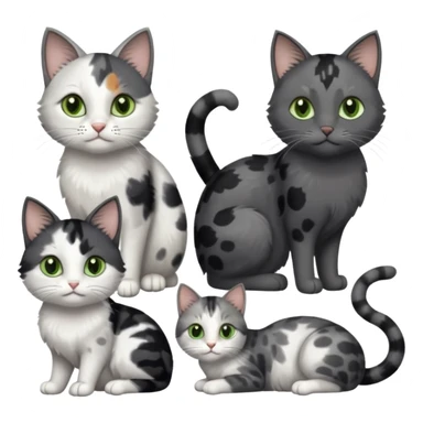3 different coloured small cats including a dark grey and white, and a patchy calico with hazel eyes and a completely solid dark grey with green eyes and only white paws sticker