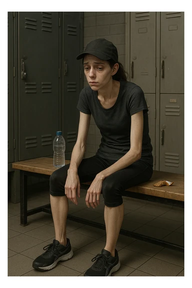 3D rendered scene: a woman in her 20s wearing running clothes sits on a bench in a locker room, looking exhausted and weak. Her face shows signs of fatigue, and her limbs appear thin and lacking muscle tone. A water bottle and a small, half-eaten snack are beside her, hinting at insufficient nutrition. The environment is realistic, with a focus on her physical and emotional state. sticker
