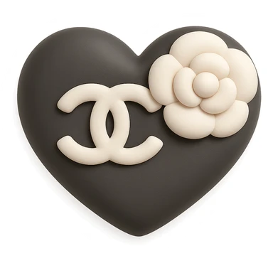 Chanel heart, soft and squishy, black and white, with a camellia flower, mochi style sticker