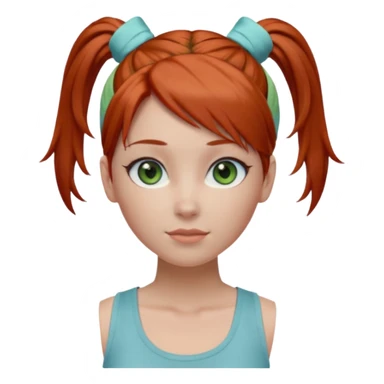 Emoji-style 3D female avatar with fair skin, large green eyes, soft makeup, and auburn-red hair tied in a high ponytail with a light blue hairband.
Wearing a light gray sleeveless tank top, centered front view, smooth realistic shading, clean lighting, isolated background, polished emoji realism. sticker