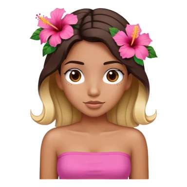 tan girl with dark brown hair and blonde highlights with a hibiscus flower in her hair wearing a pink tube top with tan lines showing sticker