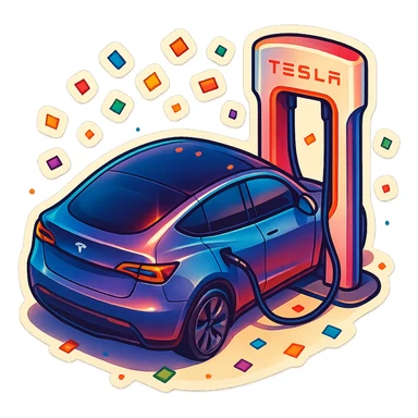 A Tesla Model Y parking at a supercharger, from above, with confetti sticker