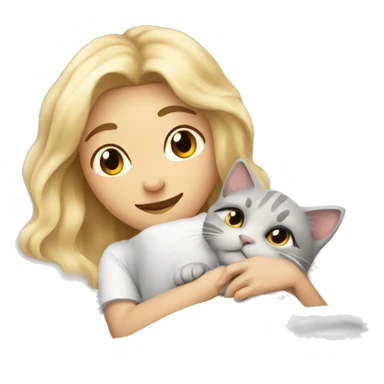blonde lying in white bed with loose hair and hugging light gray cat sticker