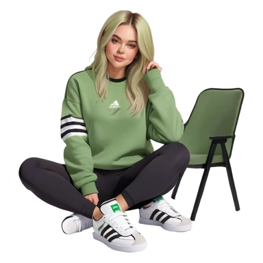 Girl long bright blonde highlighted hair middle part with rosy cheeks and plump mauve lips green eyes and wearing a white sweatshirt and black leggings with black and white adidas OG Samba sneakers sitting in a cozy chair posing with legs over the side of chair  sticker