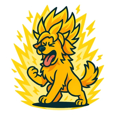 golden retriever in cartoon style, transforming into super saiyan with yellow energy and wild hair, dynamic and energetic sticker