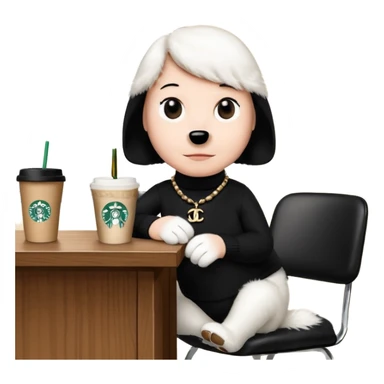 snoopy in a desk with starbucks and his chanel purse sticker