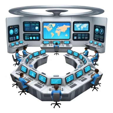 futuristic space mission control room with holographic displays and mission controllers at stations sticker