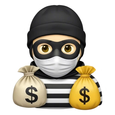 A Robber Emoji, the robber is Male, has a Black Beanie hat, has a shirt with black and white stripes, a black mask thing around his eyes, and a yellowish money bag on his right shoulder, we can only see his upper body from his chest and his face sticker