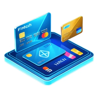 3D isometric fintech illustration, rotated to the left, neon blue lighting, instant crypto transfer, glowing coin, dynamic holographic arrows, metallic and glass textures, two isometric credit cards in the background, volumetric glass elements with realistic reflections sticker