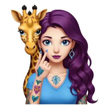 Gorgeous female Long wavy dark plum hair, colorful giraffe tattoo, word ""pinky swear" black lettering tattoo, blue eyes, piercings sticker