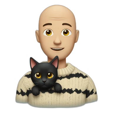 Bald man with funky sweater holding a black cat sticker