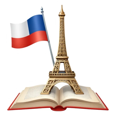 An icon featuring the Eiffel Tower and the flag of France, symbolizing the French language. The design includes an open book, representing language learning and cultural elegance. Transparent background highlights the beauty of French heritage. sticker