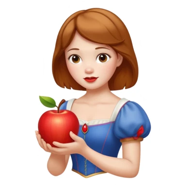 Create an emoji of Snow White holding a red apple, with short golden-brown hair. sticker