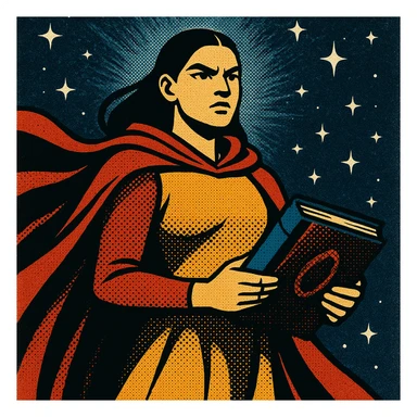 legendary mentor, young imposing woman with cape and ancient book, starry background, classic comic style sticker