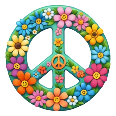 A round hippie colored button with a peace sign and flowers in the center sticker