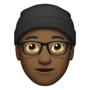 Light skinned black man with small eyes wearing glasses, a black cap, and a hoodie sticker