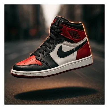 “A high-resolution image of an iconic Air Jordan sneaker floating in mid-air with dramatic lighting, shadow underneath, glowing edge highlights, bold red, black, and white color scheme, urban street background blurred, sharp focus on the shoe, cinematic depth of field, dynamic angle with motion lines, premium sneaker ad style.” sticker