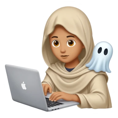 Create an emoji where an ungender person sits in front of the desk, designing ghost characters on laptop. Please refer to the attached image for ghost characters. sticker