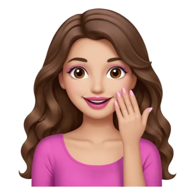 girl with long wavy brown hair, brown eyes, long lashes makeup, pink lips, light to medium complexion, pink sexy top, smiling, hand covering the mouth, sticker