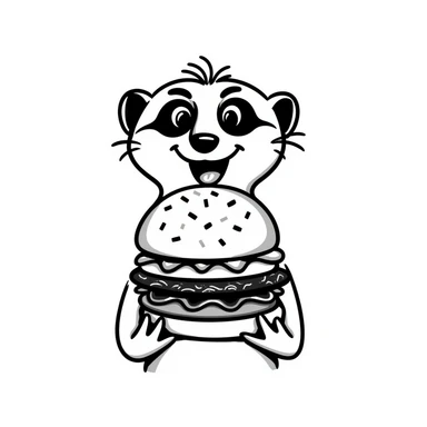 a meerkat face holding a burger in front of it, hand drawn doodle style sticker