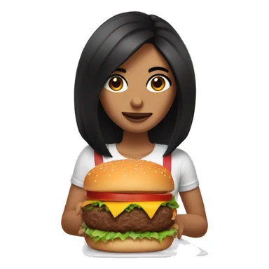woman with medium length black hair and long eyelashes holding a burger sticker