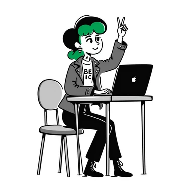 Alternative rocker girl with green and black hair, nose ring, neck tattoo, wearing combat boots and studded leather jacket, confidently raising hand while sitting at desk with laptop in music class sticker