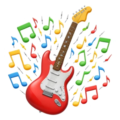 A 3D Apple-style emoji of a bold “ROCK” text written in shiny metallic letters, with an electric guitar leaning on the text, surrounded by small music notes and lightning bolts, energetic and powerful rock music vibe sticker