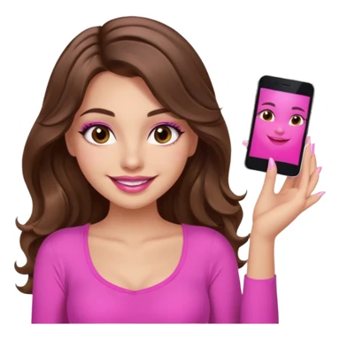 girl with long wavy brown hair, brown eyes, long lashes, sexy pink lips, light to medium complexion, wearing a pink sexy top, smiling, finger tips touching sticker
