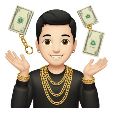 Has un chico con mucha plata en sus manos y en su alrededor, Con una cadena que diga "JovenBallin" y que tenga pelo negro y sea piel blanca sticker