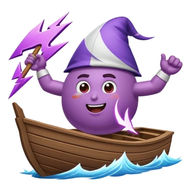 an animated gif emoji of a buff purple lightning bolt sailing away on a boat sticker