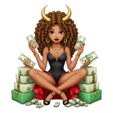 seductress evil brown curly haired sexy drug lord woman with  glitter platform high heels on her feet,  and devil black horns on her head, holding a stack of cash, has a phone in other hand. Sitting on  Cases of drugs. Goddess evil sticker