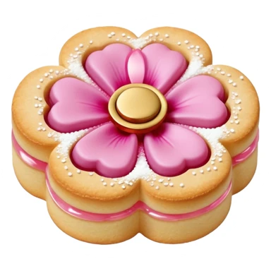 Realistic shortbread cookie in the shape of a camilia flower with pastel pink color jelly middle filling andkled powder sugar on top.emoj sprini sticker