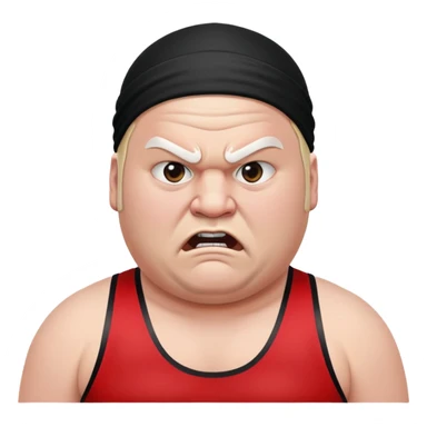 Close-up of white skin fat guy with prominent black durag, completely shaved face, no beard or mustache, black eyes in a red and black wrestling singlet with angry face sticker