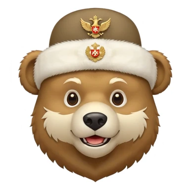 Cartoon Russian bear head wearing white furry ushanka with double-headed eagle emblem centered on the hat, iOS emoji style sticker