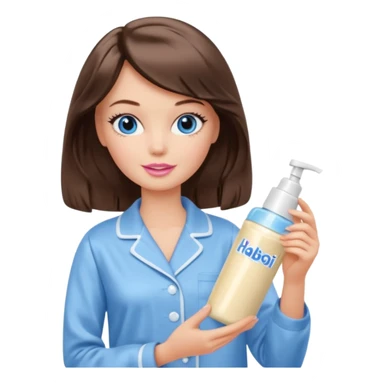 Barbie girl with makeup, blue eyes , and bob long haircut wavy, short brown hair in creamy color pajamas, face cream in hand sticker