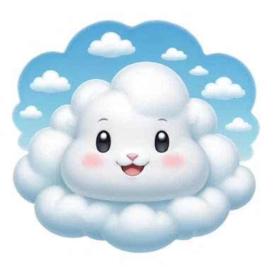 Cinematic tiny puffy bunny-shaped cloud, floating gently in the sky, soft glowing light, tiny rounded ears, smiling face, dreamy and magical. sticker
