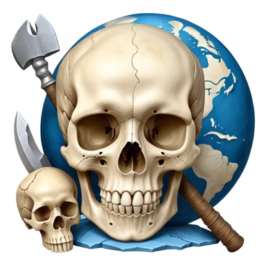 An icon featuring a human skull and fossilized bones, symbolizing the study of anthropology. The design includes archaeological tools like a pickaxe and brush, with a background of ancient artifacts and a globe. Transparent background emphasizes the exploration of human history and evolution. sticker