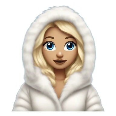 Tanned Girl with lashes and blue eyes, blonde hair, in a extremely big fluffy oversized white fur coat with hood on. The fur is real and it’s very obvious big and fluffy  sticker