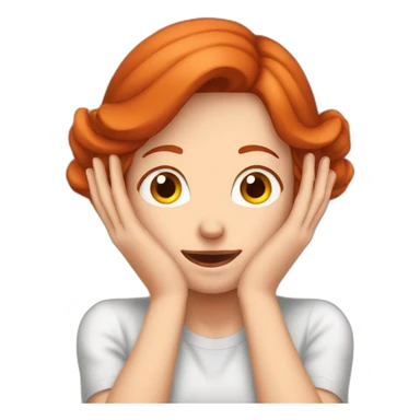 woman redhead grimaces who is covering her ears with hand sticker