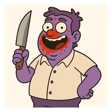 Edit the image of a man to have purple skin, keep everything else as in the original, cartoon style, holding a knife, ketchup on the face, funny expression, white background. sticker