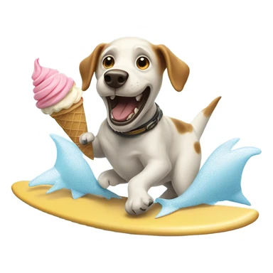 Dog on surfboard eating ice cream cone running away from a shark sticker