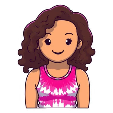 Friendly maternal woman with fair skin, long dark brown curly hair, large almond eyes, full lips, wearing bright pink tie-dye tank top, warm welcoming smile sticker